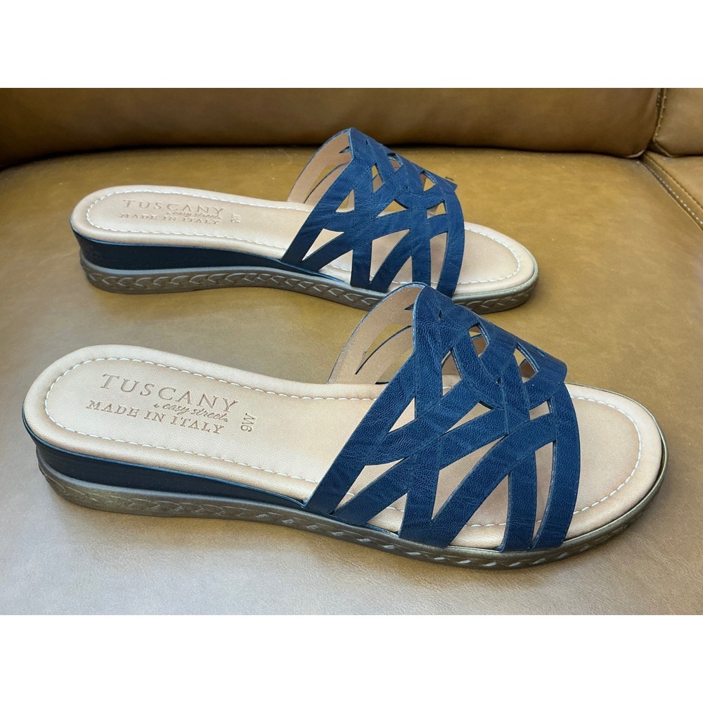 Tuscany Edda Wedge Sandals Womens 9W Navy Italian Made Laser Cut Z0497